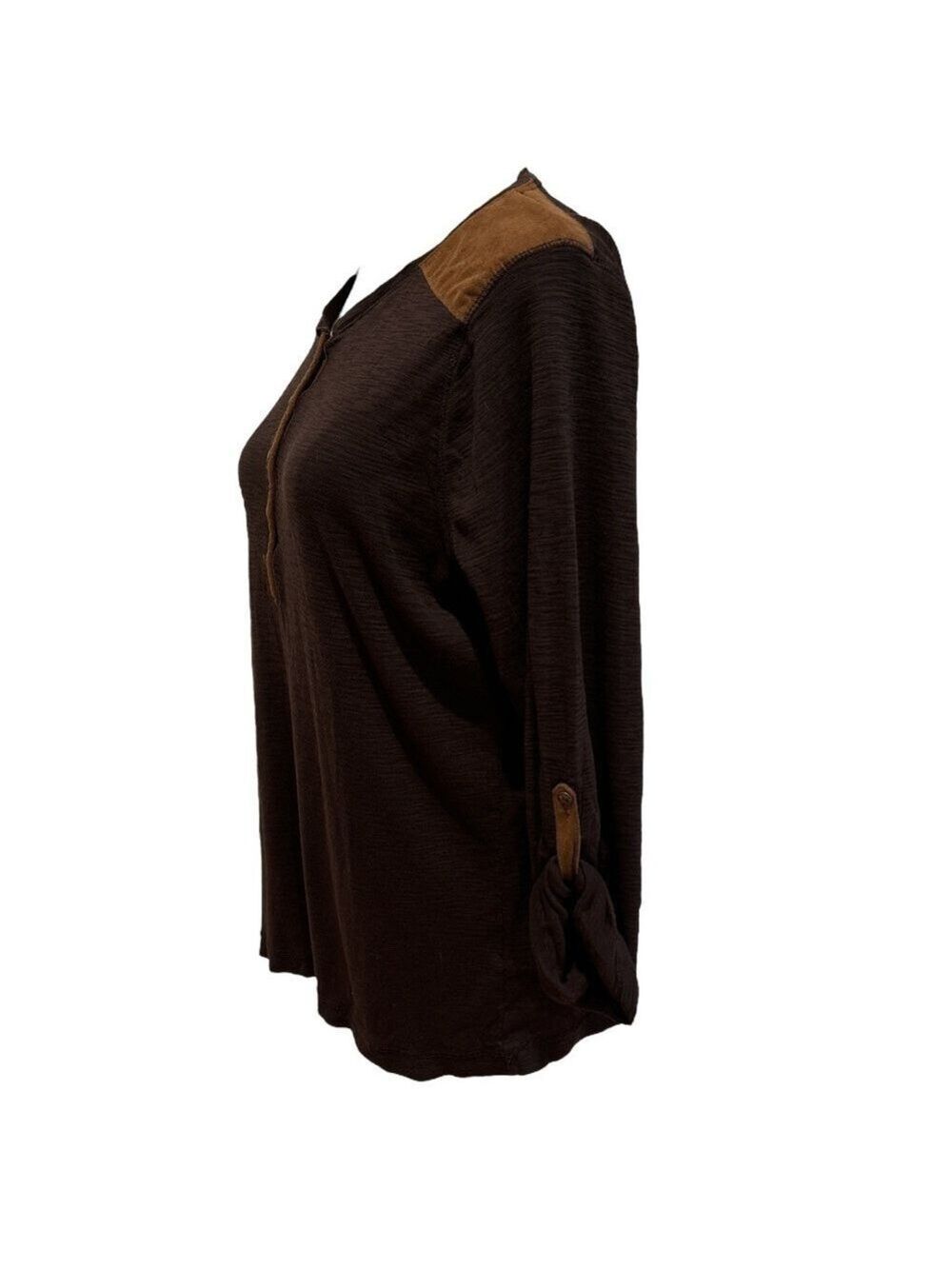 Y2K RALPH LAUREN BROWN HENLEY COTTON TEXTURED TOP W ULTRA SUEDE DETAIL LAGENLOOK - Picture 3 of 5